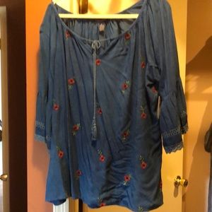Blue top with pretty red embroidered flowers